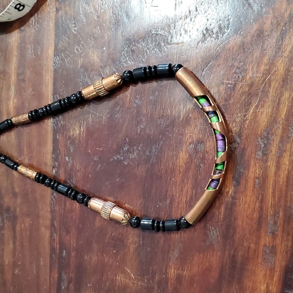 Native American Black Onyx Copper Purple Green Beaded Necklace Tribal Boho Chic